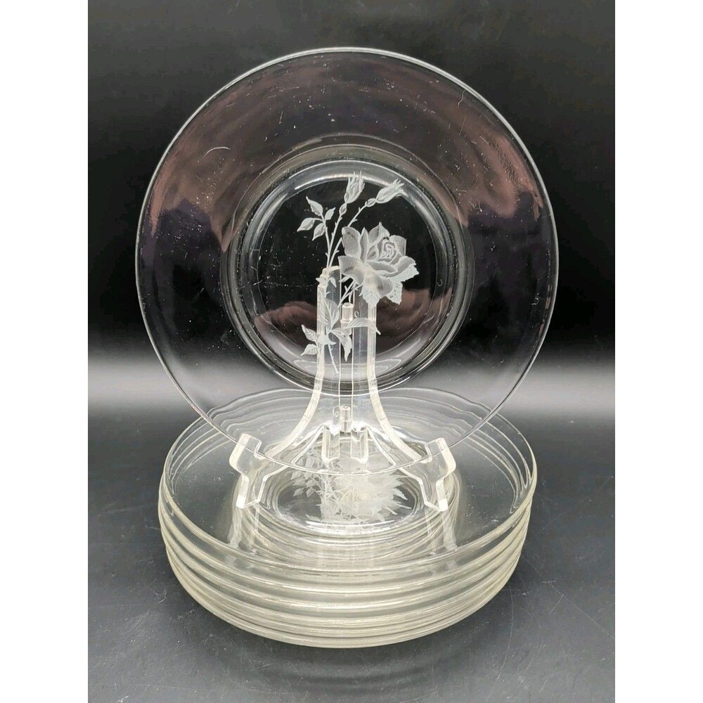 Vtg  Federal Glass Royal Rose 8” Luncheon Plates Set Of 7 Etched 1960s